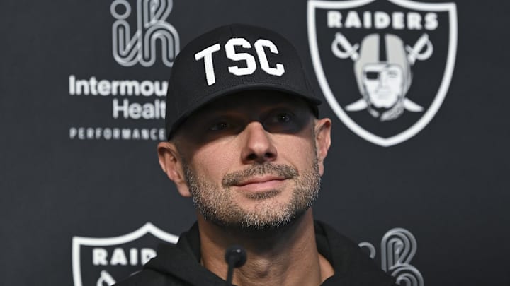 Apr 25, 2025; Henderson, NV, USA; (L-R) Las Vegas Raiders general manager John Spytek during a news conference introducing Ashton Jeanty as the first round draft pick in the 2025 NFL Draft at Intermountain Health Performance Center. Mandatory Credit: Candice Ward-Imagn Images