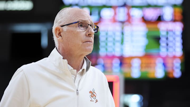 Feb 3, 2024; Coral Gables, Florida, USA; Miami Hurricanes head coach Jim Larranaga looks on after the game against the Virginia Tech Hokies at Watsco Center. Mandatory Credit: Sam Navarro-Imagn Images Feb 3, 2024; Coral Gables, Florida, USA; Miami Hurricanes head coach Jim Larranaga looks on after the game against the Virginia Tech Hokies at Watsco Center. Mandatory Credit: Sam Navarro-Imagn Images