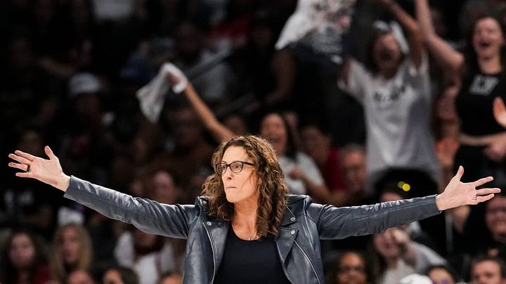 Indiana Fever head coach Stephanie White reacts to a foul call Sunday, Sept. 27, 2026, during the second half of Game 1 of the first round of the WNBA Playoffs at Michelob ULTRA Arena in Las Vegas. The Las Vegas Aces defeated the Indiana Fever, 102-85.