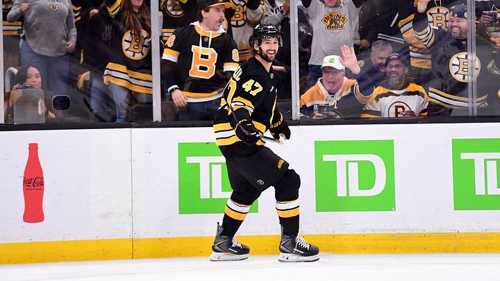 Sep 29, 2026; Boston, Massachusetts, USA;  Boston Bruins center Mark Kastelic (47) smiles after scoring an empty net goal during the third period against the New York Rangers at TD Garden. Mandatory Credit: Bob DeChiara-Imagn Images