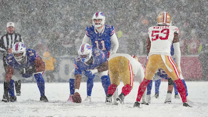 Dec 1, 2024; Orchard Park, New York, USA; Buffalo Bills quarterback Mitchell Trubisky (11) calls signals prior to the snap against the San Francisco 49ers