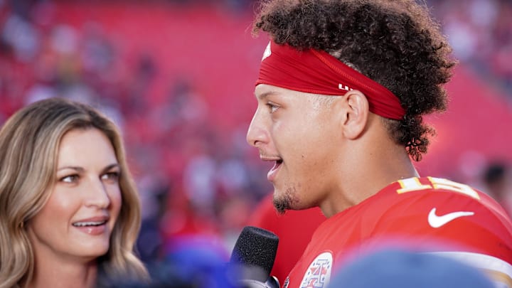 Kansas City Chiefs quarterback Patrick Mahomes (15) talks with announcer Erin Andrews on field after the game against the Chicago Bears at GEHA Field at Arrowhead Stadium. Kansas City Chiefs quarterback Patrick Mahomes (15) talks with announcer Erin Andrews on field after the game against the Chicago Bears at GEHA Field at Arrowhead Stadium.