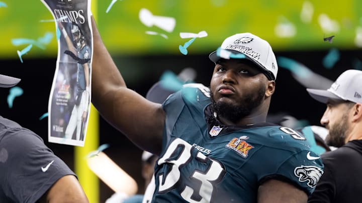 Feb 9, 2025; New Orleans, LA, USA; Philadelphia Eagles  defensive tackle Milton Williams (93) celebrates after defeating the Kansas City Chiefs during Super Bowl LIX at Ceasars Superdome. Mandatory Credit: Mark J. Rebilas-Imagn Images