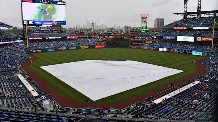 Jul 16, 2023; Philadelphia, Pennsylvania, USA;  A general view of Citizens Bank Park during a rain delay between Philadelphia Phillies and San Diego Padres. Mandatory Credit: Eric Hartline-Imagn Images