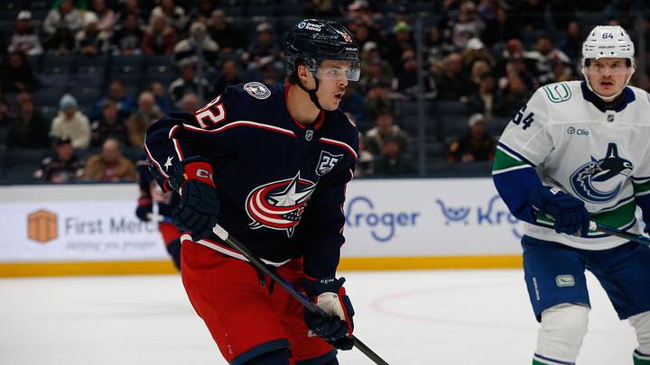 Jan 15, 2026; Columbus, Ohio, USA; Columbus Blue Jackets left wing Mikael Pyyhtia (82) against the Vancouver Canucks during the third period at Nationwide Arena. Mandatory Credit: Russell LaBounty-Imagn Images Jan 15, 2026; Columbus, Ohio, USA; Columbus Blue Jackets left wing Mikael Pyyhtia (82) against the Vancouver Canucks during the third period at Nationwide Arena. Mandatory Credit: Russell LaBounty-Imagn Images