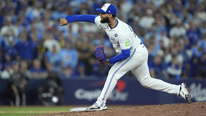 Nov 1, 2025; Toronto, Ontario, CAN; Toronto Blue Jays pitcher Seranthony Dominguez (48) pitches against LA.