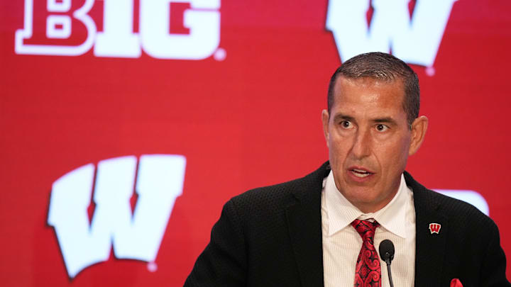 Jul 23, 2025; Las Vegas, NV, USA; Wisconsin head coach Luke Fickell speaks to the media during the Big Ten NCAA college football media days at Mandalay Bay Resort. Mandatory Credit: Lucas Peltier-Imagn Images