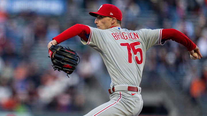 May 15, 2023; San Francisco, California, USA; Philadelphia Phillies starting pitcher Connor Brogdon (75) delivers a pitch against the San Francisco Giants during the first inning at Oracle Park.