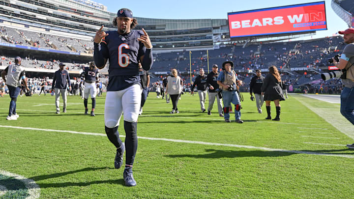 Oct 6, 2024; Chicago, Illinois, USA; Chicago Bears cornerback Kyler Gordon (6) celebrates after the game against the Carolina Panthers at Soldier Field. Mandatory Credit: Daniel Bartel-Imagn Images