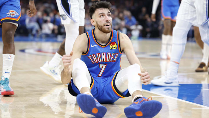 Nov 4, 2024; Oklahoma City, Oklahoma, USA; Oklahoma City Thunder forward Chet Holmgren (7) sits on the floor after a play against the Orlando Magic during the second half at Paycom Center. Mandatory Credit: Alonzo Adams-Imagn Images
