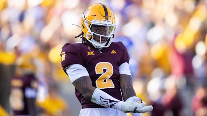 Nov 23, 2024; Tempe, Arizona, USA; Arizona State Sun Devils defensive back Xavion Alford (2) against the Brigham Young Cougars at Mountain America Stadium. Mandatory Credit: Mark J. Rebilas-Imagn Images
