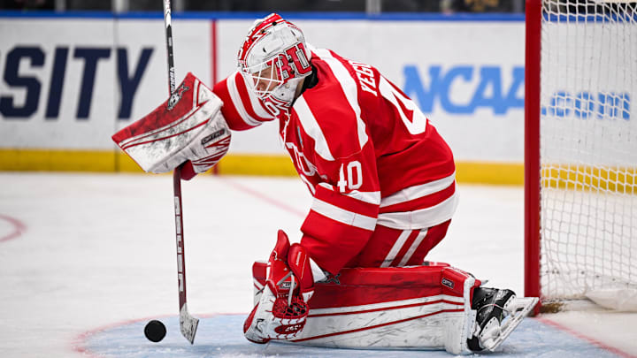 Apr 12, 2025; St. Louis, Missouri. Boston University Terriers goaltender Mikhail Yegorov (40) defends the net against the Western Michigan Broncos during the second period of the Frozen Four college ice hockey national championship at Enterprise Center.