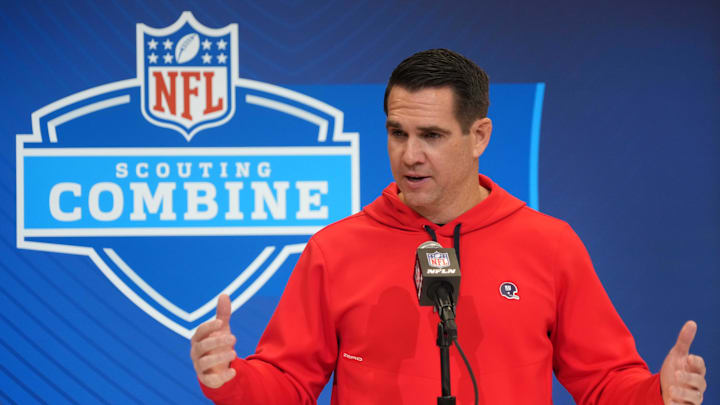 Feb 25, 2025; Indianapolis, IN, USA; New York Giants general manager Joe Schoen speaks during the NFL Scouting Combine at the Indiana Convention Center. Feb 25, 2025; Indianapolis, IN, USA; New York Giants general manager Joe Schoen speaks during the NFL Scouting Combine at the Indiana Convention Center.