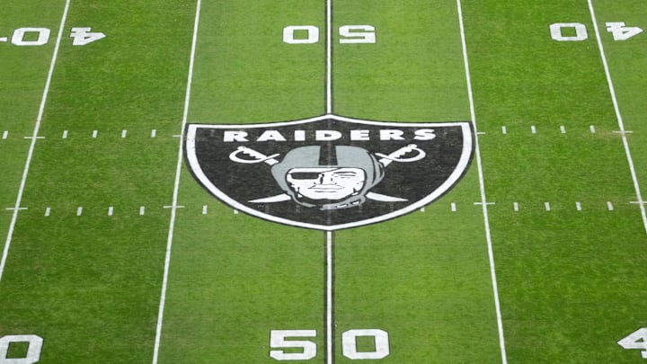 Dec 16, 2024; Paradise, Nevada, USA; The Las Vegas Raiders shield logo at midfield at Allegiant Stadium. Mandatory Credit: Kirby Lee-Imagn Images