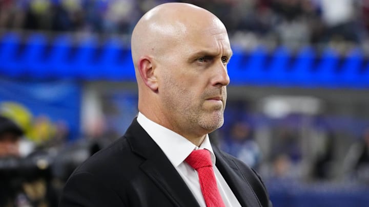 Dec 28, 2024; Inglewood, California, USA; Arizona Cardinals general manager Monti Ossenfort watches from the sidelines against the Los Angeles Rams at SoFi Stadium. Mandatory Credit: Kirby Lee-Imagn Images