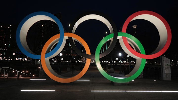 Jan 18, 2025; Atlanta, GA, USA; The Olympic rings at Centennial Park. Mandatory Credit: Kirby Lee-Imagn Images