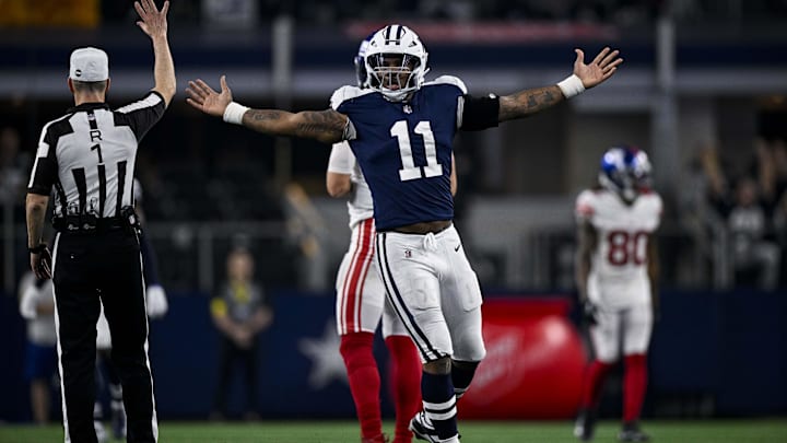 Dallas Cowboys linebacker Micah Parsons celebrates after he sacks New York Giants quarterback Daniel Jones during the game between the Cowboys and the Giants. Dallas Cowboys linebacker Micah Parsons celebrates after he sacks New York Giants quarterback Daniel Jones during the game between the Cowboys and the Giants.