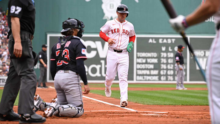 Sep 1, 2025; Boston, Massachusetts, USA; Boston Red Sox third baseman Alex Bregman (2) scores on an RBI by second baseman Romy Gonzalez (23) (not pictured) during the first inning against the Cleveland Guardians at Fenway Park. Mandatory Credit: Eric Canha-Imagn Images Sep 1, 2025; Boston, Massachusetts, USA; Boston Red Sox third baseman Alex Bregman (2) scores on an RBI by second baseman Romy Gonzalez (23) (not pictured) during the first inning against the Cleveland Guardians at Fenway Park. Mandatory Credit: Eric Canha-Imagn Images