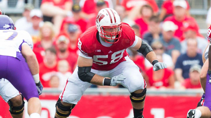 Sep 1, 2012; Madison, WI, USA;  Wisconsin Badgers offensive lineman Rick Wagner (58) during the game against the Northern Iowa Panthers at Camp Randall Stadium.  Wisconsin defeated Northern Iowa 26-21. 