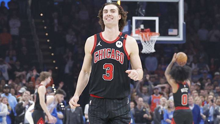 Mar 31, 2025; Oklahoma City, Oklahoma, USA;  Chicago Bulls guard Josh Giddey (3) runs down the court smiling during free throws against the Oklahoma City Thunder during the first quarter at Paycom Center. Mandatory Credit: Alonzo Adams-Imagn Images