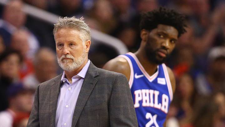 Philadelphia 76ers head coach Brett Brown and center Joel Embiid (21) against the Phoenix Suns at Talking Stick Resort Arena. Mandatory Credit: Mark J. Rebilas-USA TODAY Sports