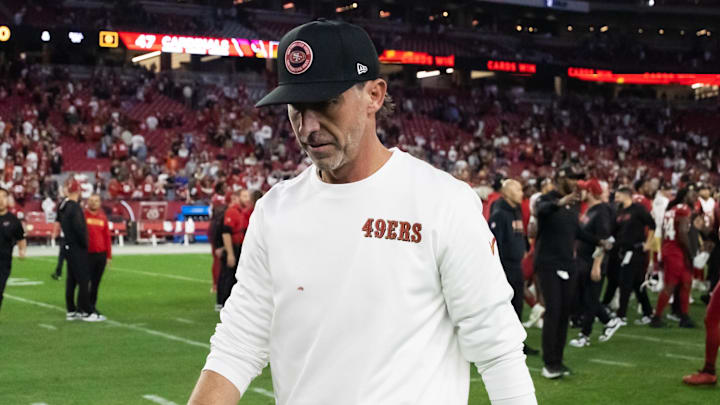 Jan 5, 2025; Glendale, Arizona, USA; San Francisco 49ers head coach Kyle Shanahan reacts after losing to the Arizona Cardinals at State Farm Stadium. Mandatory Credit: Mark J. Rebilas-Imagn Images