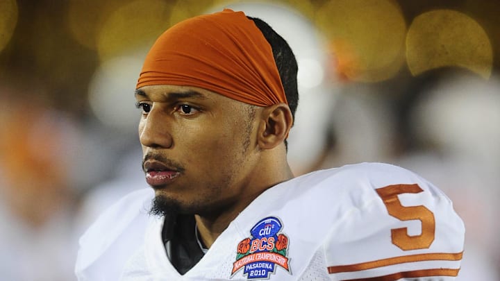 Pasadena, CA, USA; Texas Longhorns safety Ben Wells during the 2010 BCS national championship game against the Alabama Crimson Tide at the Rose Bowl. Alabama defeated Texas 37-21. 