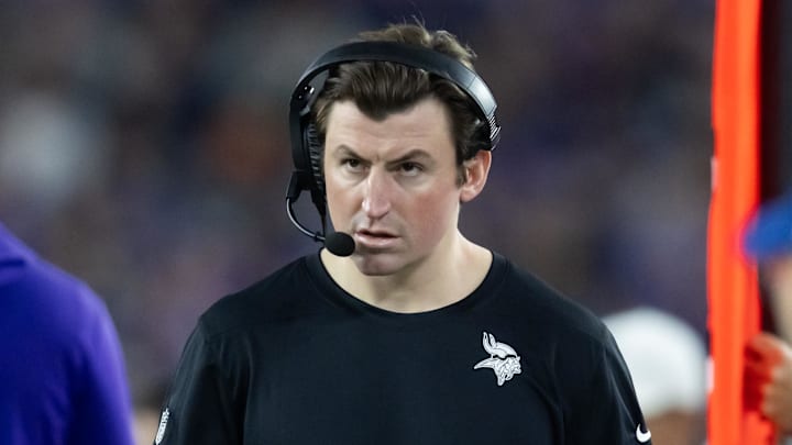 Jan 13, 2025; Glendale, AZ, USA; Minnesota Vikings assistant quarterbacks coach Grant Udinski against the Los Angeles Rams during an NFC wild card game at State Farm Stadium. Mandatory Credit: Mark J. Rebilas-Imagn Images
