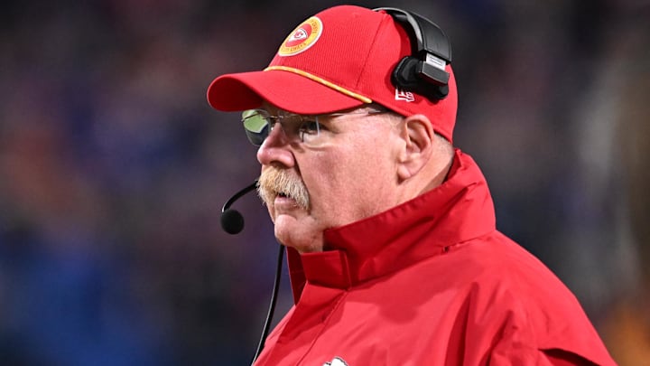 Kansas City Chiefs head coach Andy Reid on the sidelines during a game against the Buffalo Bills at Highmark Stadium.