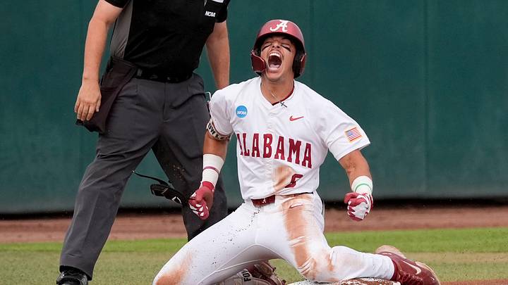 May 29, 2026; Tuscaloosa, AL, USA; Alabama batter Bryce Fowler (9) yells after safely sliding into third with a triple in the Tuscaloosa NCAA Regional baseball game between Alabama and Alabama State in Sewell-Thomas Stadium. May 29, 2026; Tuscaloosa, AL, USA; Alabama batter Bryce Fowler (9) yells after safely sliding into third with a triple in the Tuscaloosa NCAA Regional baseball game between Alabama and Alabama State in Sewell-Thomas Stadium.