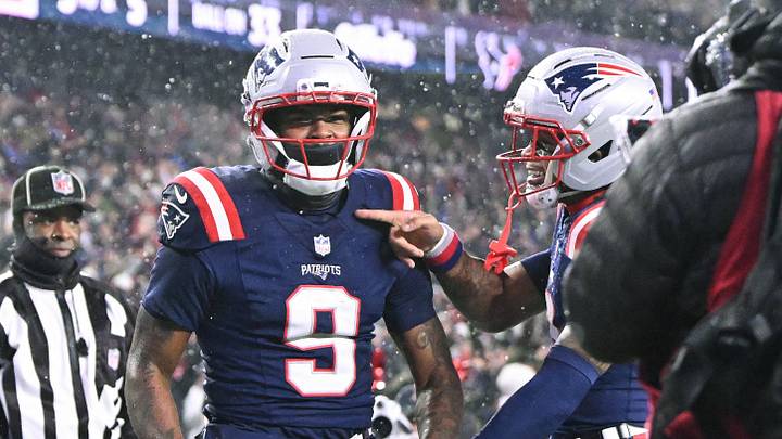 Jan 18, 2026; Foxborough, MA, USA; New England Patriots wide receiver Kayshon Boutte (9) celebrates a touchdown in the fourth quarter against the Houston Texans in an AFC Divisional Round game at Gillette Stadium. Jan 18, 2026; Foxborough, MA, USA; New England Patriots wide receiver Kayshon Boutte (9) celebrates a touchdown in the fourth quarter against the Houston Texans in an AFC Divisional Round game at Gillette Stadium.