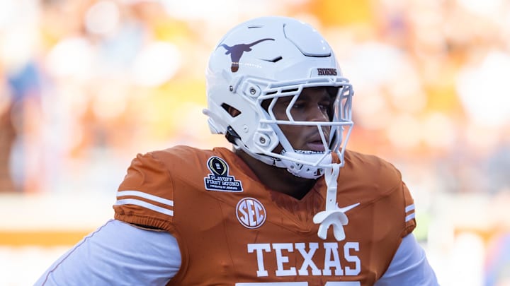 Dec 21, 2024; Austin, Texas, USA; Texas Longhorns offensive lineman Kelvin Banks Jr. (78) against the Clemson Tigers during the CFP National playoff first round at Darrell K Royal-Texas Memorial Stadium. Mandatory Credit: Mark J. Rebilas-Imagn Images