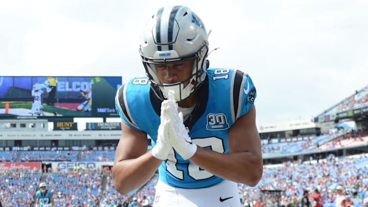 Aug 24, 2024; Orchard Park, New York, USA; Carolina Panthers wide receiver Jalen Coker (18) reacts to scoring a touchdown  against the Buffalo Bills in the fourth quarter pre-season game at Highmark Stadium. Mandatory Credit: Mark Konezny-Imagn Images