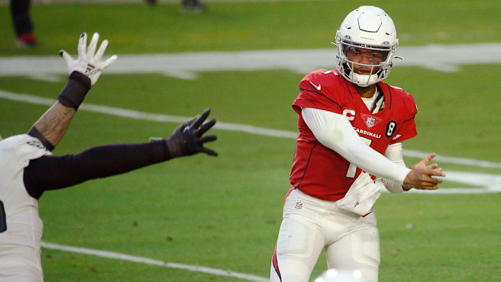 Cardinals' Kyler Murray (1) throws a pass to DeAndre Hopkins (10) during the second half at State