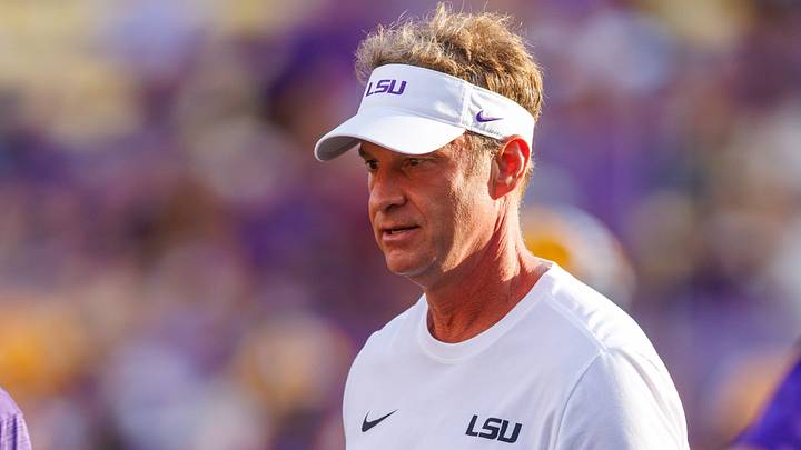 LSU Tigers head coach Lane Kiffin looks on during warmups before the game  against Louisiana Tech Bulldogs at Tiger Stadium.  