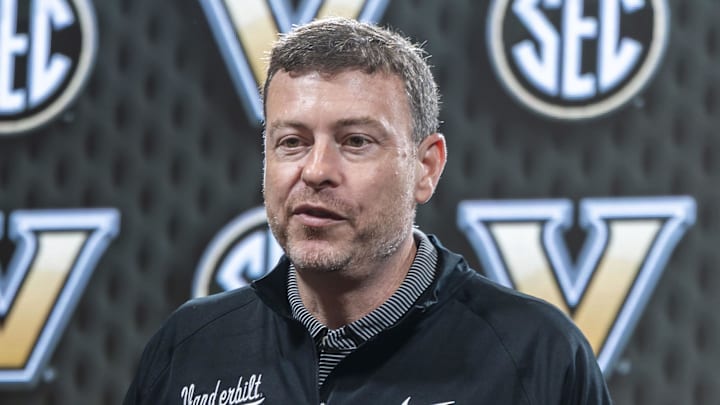 Oct 14, 2025; Birmingham, AL, USA; Vanderbilt Commodores head coach Mark Byington talks with the media during SEC Media Days at Grand Bohemian Hotel. Mandatory Credit: Vasha Hunt-Imagn Images