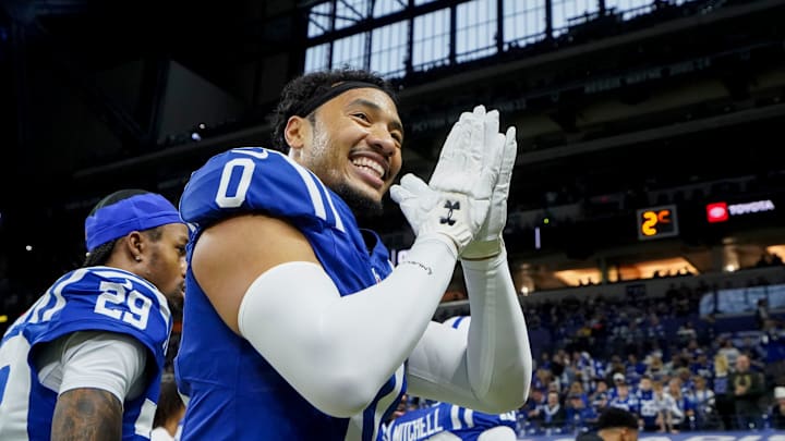 Indianapolis Colts safety Camryn Bynum (0) gestures to fans Sunday, Dec. 28, 2025, ahead of a game against the Jacksonville Jaguars at Lucas Oil Stadium in Indianapolis. Indianapolis Colts safety Camryn Bynum (0) gestures to fans Sunday, Dec. 28, 2025, ahead of a game against the Jacksonville Jaguars at Lucas Oil Stadium in Indianapolis.