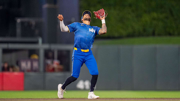 Sep 27, 2024; Minneapolis, Minnesota, USA; Minnesota Twins shortstop Carlos Correa (4) catches a fly ball hit by Baltimore Orioles left fielder Colton Cowser (17) to end the fifth inning at Target Field. Mandatory Credit: Matt Blewett-Imagn Images