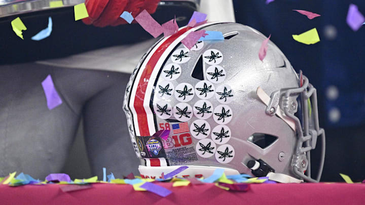 Jan 10, 2025; Arlington, TX, USA; A view of an Ohio State Buckeyes helmet and confetti after the Buckeyes defeat the Texas Longhorns at AT&T Stadium.