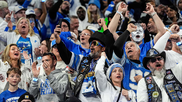 Detroit Lions fans cheer on against Dallas Cowboys during the second half at Ford Field in Detroit on Thursday, Dec. 4, 2025.