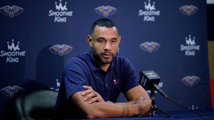 Oct 2, 2023; New Orleans, LA, USA; New Orleans Pelicans general manager Trajan Langdon : Matthew Hinton-Imagn Images