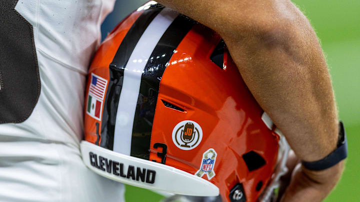 Nov 17, 2024; New Orleans, Louisiana, USA;  Detailed view of a Cleveland Browns helmet on a time out against the New Orleans Saints during the first half at Caesars Superdome. Mandatory Credit: Stephen Lew-Imagn Images