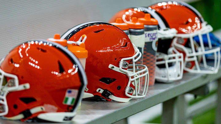 Nov 17, 2024; New Orleans, Louisiana, USA; Detailed view of the Cleveland Browns helmets on a time out against the New Orleans Saints during the first half at Caesars Superdome. Mandatory Credit: Stephen Lew-Imagn Images Nov 17, 2024; New Orleans, Louisiana, USA; Detailed view of the Cleveland Browns helmets on a time out against the New Orleans Saints during the first half at Caesars Superdome. Mandatory Credit: Stephen Lew-Imagn Images