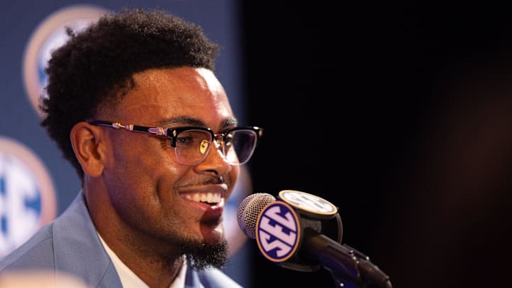 Jul 15, 2024; Dallas, TX, USA; Ole Miss receiver Tre Harris speaking at Omni Dallas Hotel. Mandatory Credit: Brett Patzke-Imagn Images