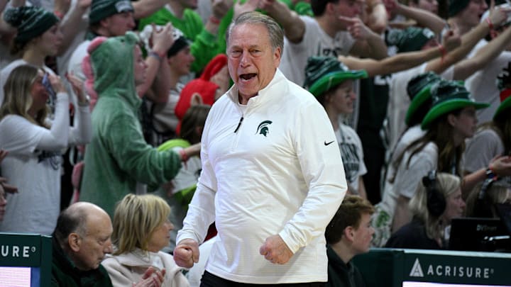 Dec 6, 2025; East Lansing, Michigan, USA;  Michigan State Spartans head coach Tom Izzo stalks the sideline during the second half against the Duke Blue Devils at Jack Breslin Student Events Center. Mandatory Credit: Dale Young-Imagn Images