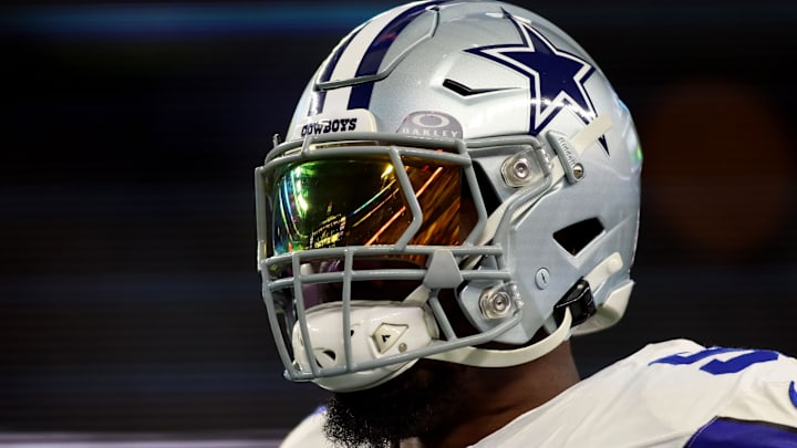 Jan 14, 2024; Arlington, Texas, USA; Dallas Cowboys defensive end DeMarcus Lawrence (90) practices before the 2024 NFC wild card game against the Green Bay Packers at AT&T Stadium.