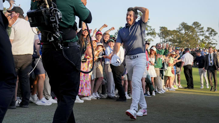 Rory McIlroy walks off after winning the Masters on Apr 13, 2025.
