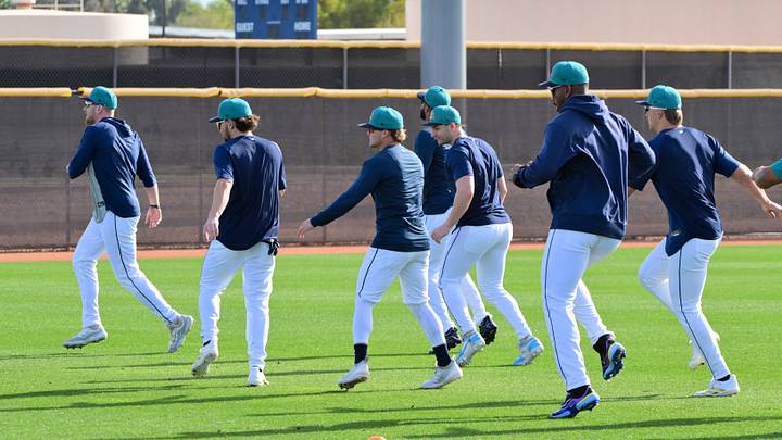 Feb 12, 2026; Peoria, AZ, USA; Seattle Mariners players warm up during a Spring Training workout at Peoria Sports Complex. Mandatory Credit: Matt Kartozian-Imagn Images Feb 12, 2026; Peoria, AZ, USA; Seattle Mariners players warm up during a Spring Training workout at Peoria Sports Complex. Mandatory Credit: Matt Kartozian-Imagn Images