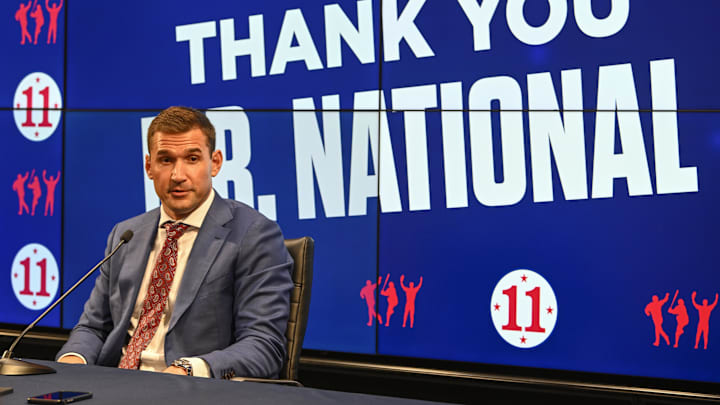 Jun 18, 2022; Washington, District of Columbia, USA; Ryan Zimmerman talks with the press prior to his jersey retirement ceremony before the game between the Washington Nationals and the Philadelphia Phillies at Nationals Park. 