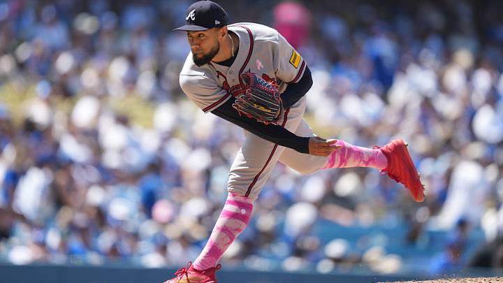 May 10, 2026; Los Angeles, California, USA; Atlanta Braves pitcher Robert Suarez (75) throws against the Los Angeles Dodgers at Dodger Stadium. Mandatory Credit: Kirby Lee-Imagn Images